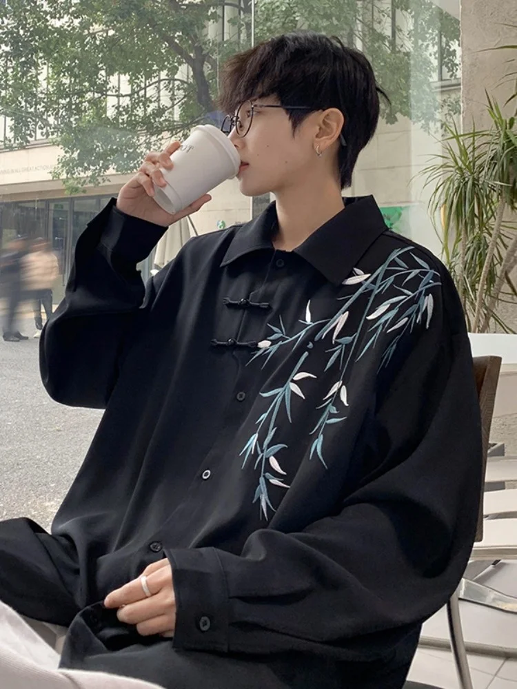 

Ele Bamboo Embroidery Long Sve Men's irt Chinese Sle Button up Jaet Spring Autumn Vintage Tang Costume