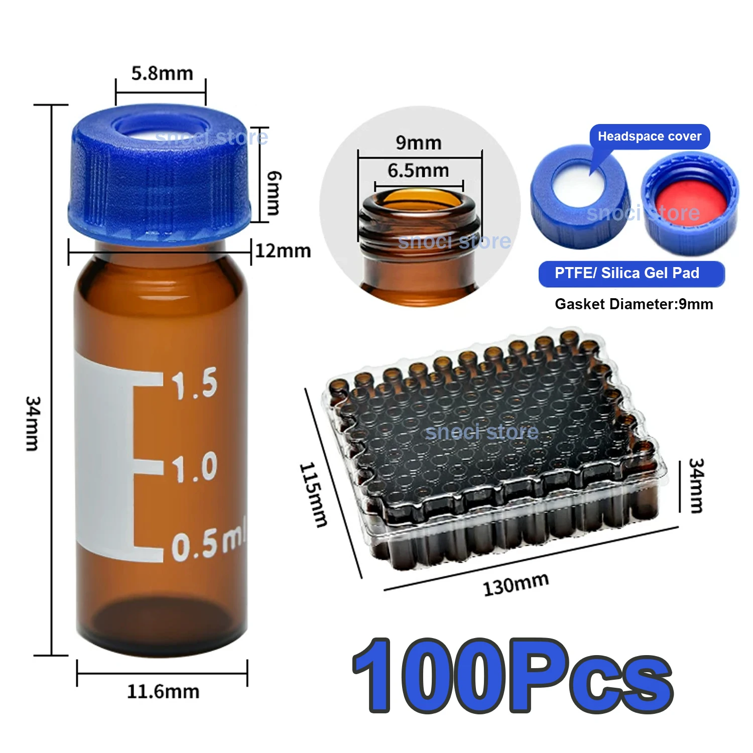 2mL Autosampler Vials with Writing Area and Graduations, 9-425 HPLC, Screw Cap, Red PTFE & White Silicone Septa, 100Pcs/Pack