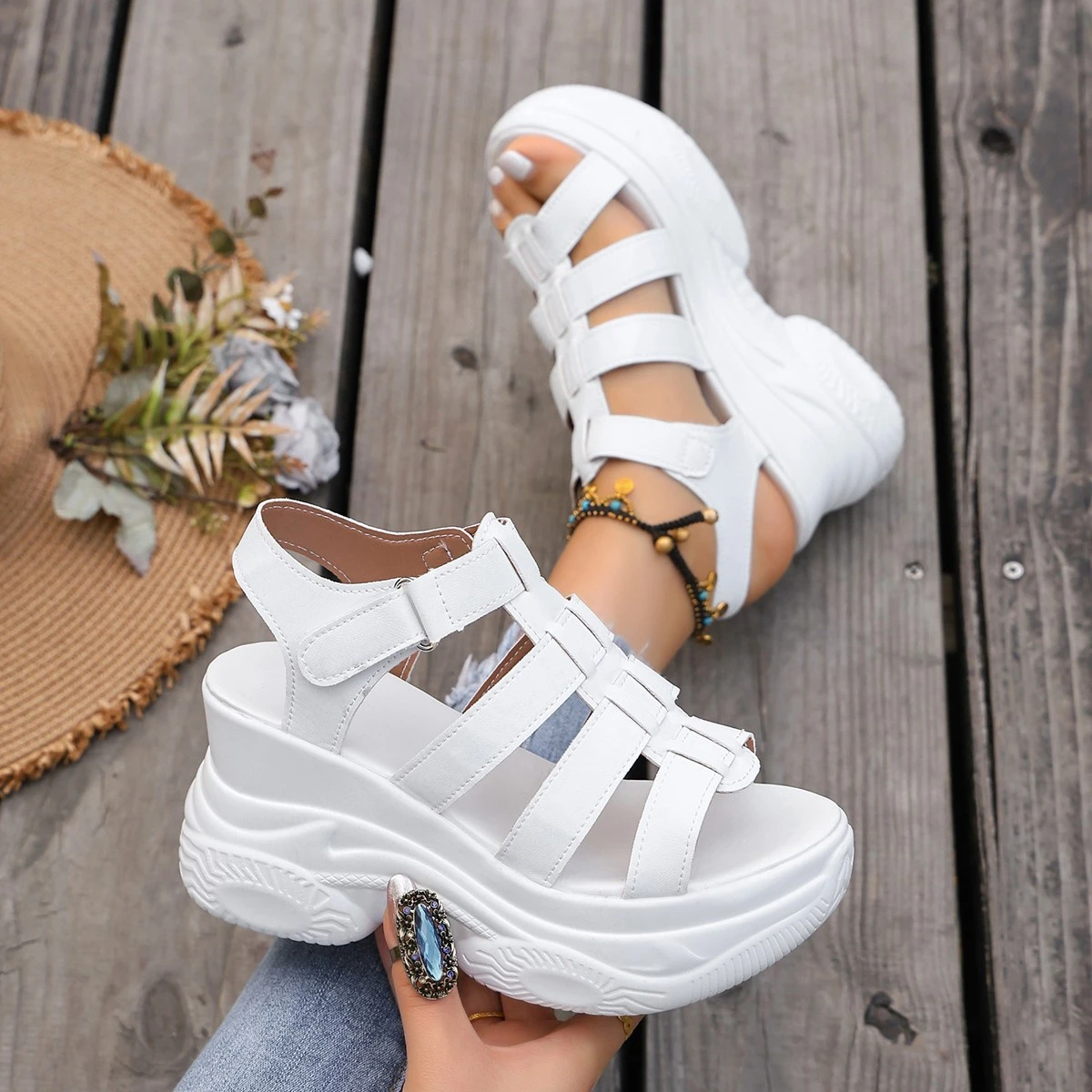 2026 New Hollow Out Solid Slope Heel Women's Heels Fashion Simple Style Thick Soled Casual Women Shoes Platforms Sandals