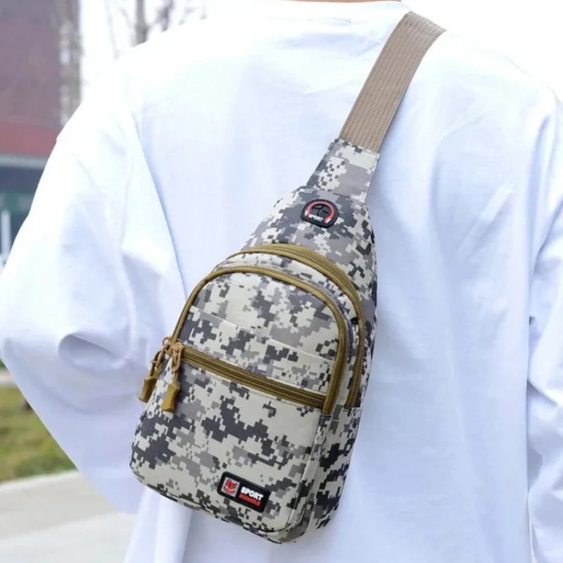 Nylon Shoulder Crossbody Pack with Earphone Hole, Multi Layer Camo Sling Chest Bags for Men Outdoor Hiking Cycling Travel Sports