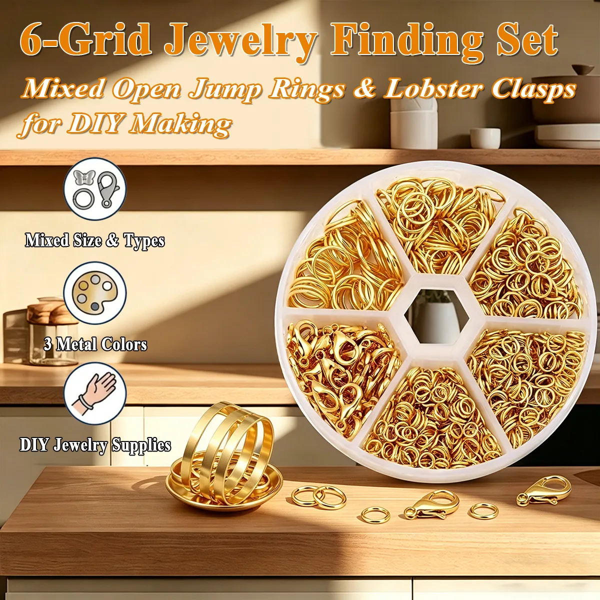 

6-Grid Jewelry Finding Set with Mixed Open Jump Rings & Lobster Clasps for DIY Jewelry Making Supplies, 3 Metal Colors to Choice