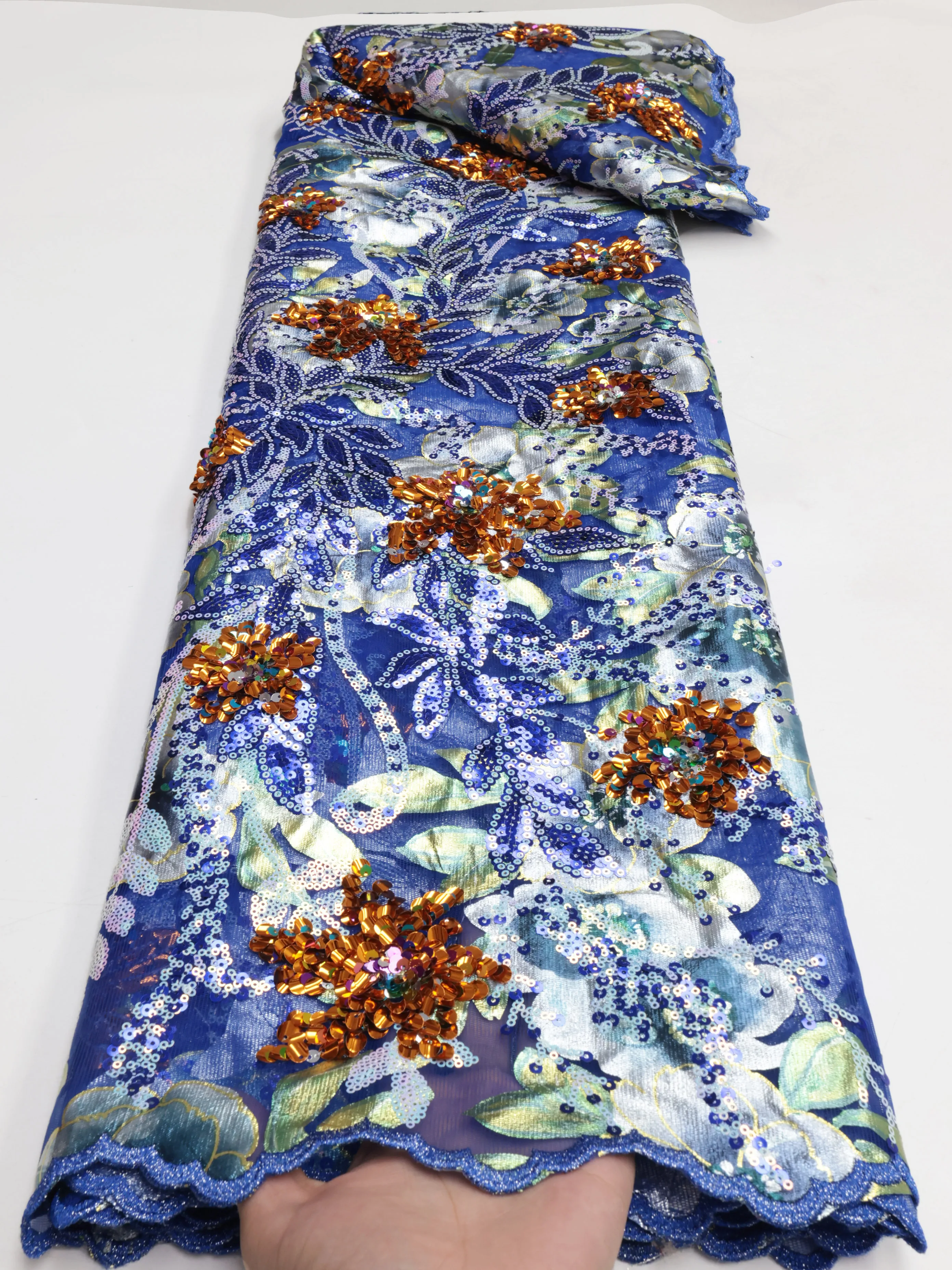African Sequins Flocking Lace Fabric