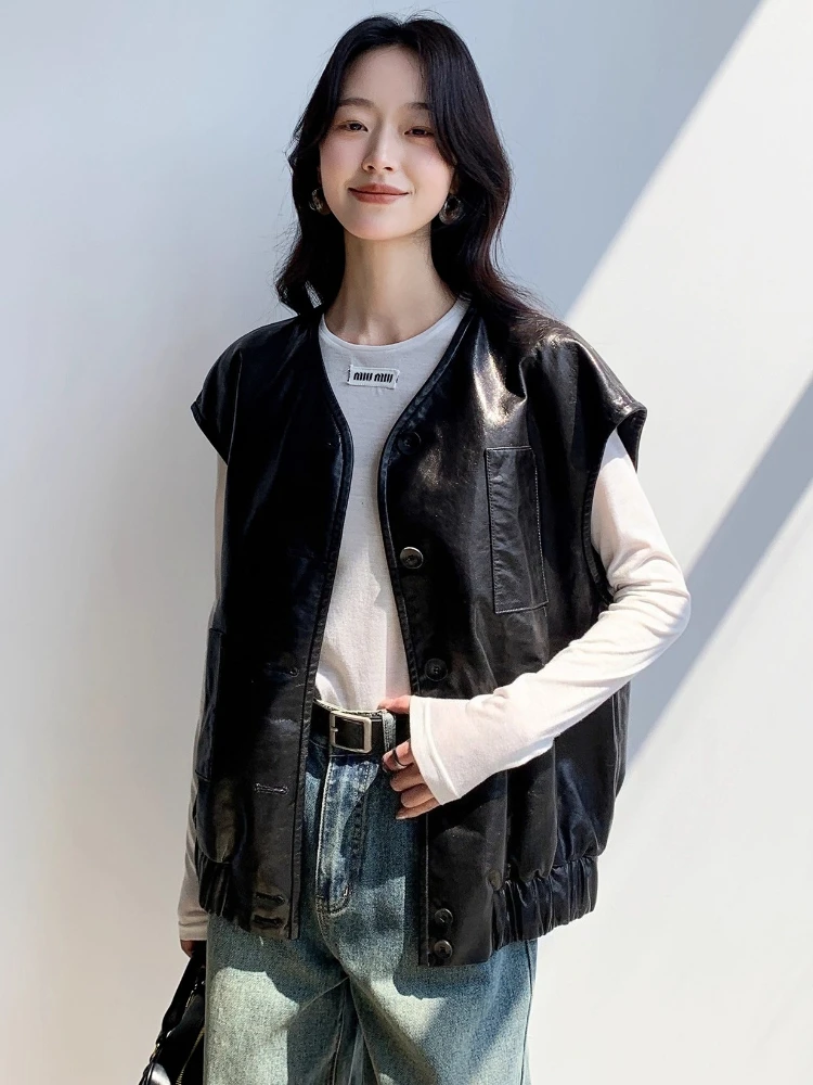 سترة دون أكمام من الجلد الطبيعي غير رسمية سترات نسائية لربيع وخريف 2025 معطف جديد عالي الجودة بسيط فضفاض ناعم أسود من جلد الغنم الحقيقي #4