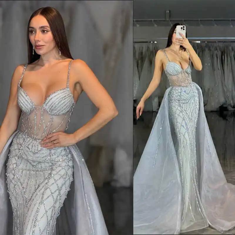 

Illusion Beadeds Prom Gowns Spaghetti Strap Detachable Train Evening Dresses Customized Birthday Party Dresses