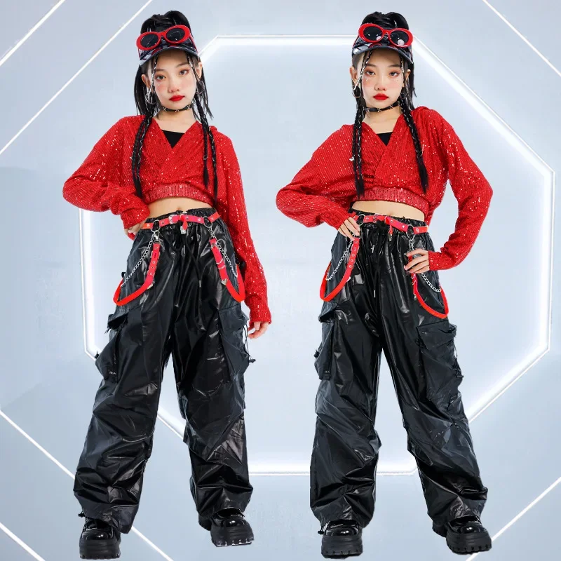 Meninas lantejoulas colheita hoodies dança de rua calças de carga crianças hip hop saias jazz shorts conjuntos de roupas criança streetwear trajes k-pop