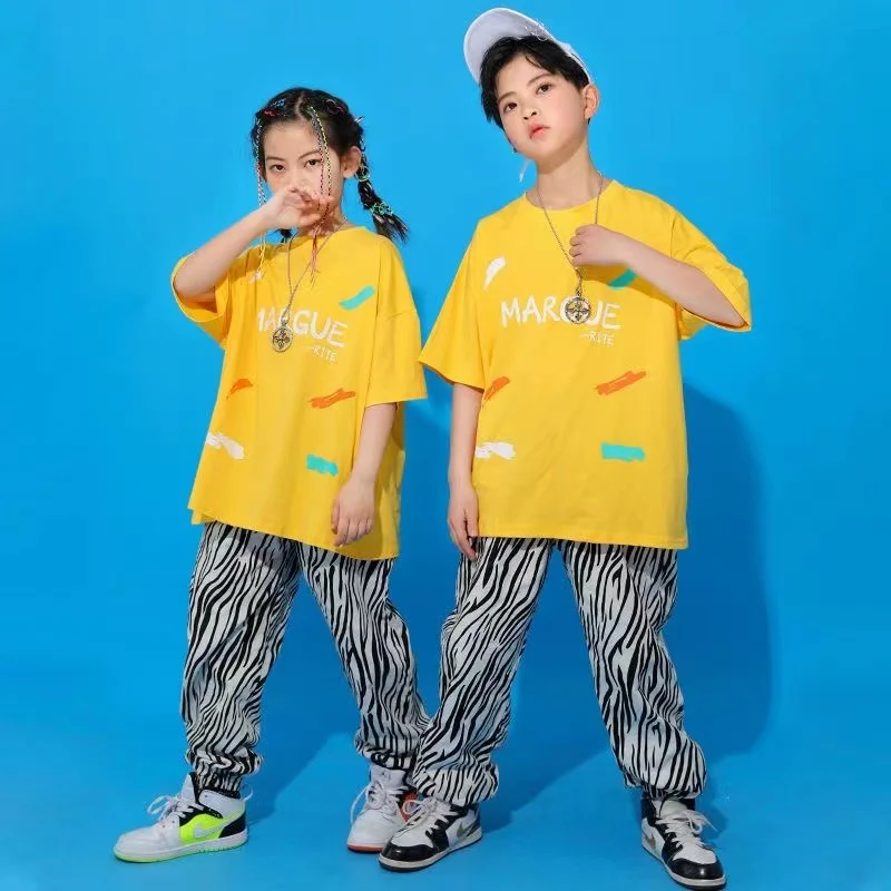 Kids Cool Fashion Ballroom Hip Hop Dancing Outfits Tshirt Cargo Dancing Pants Jazz Dance Wear Costumes Clothes for Boys Girls