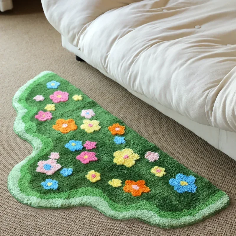 Hand Tufted Moss Flowers Area Rug, Bedroom Bedside Rugs, Living Room Decoration Large Carpet, Thickened Flocked Anti-slip Mat