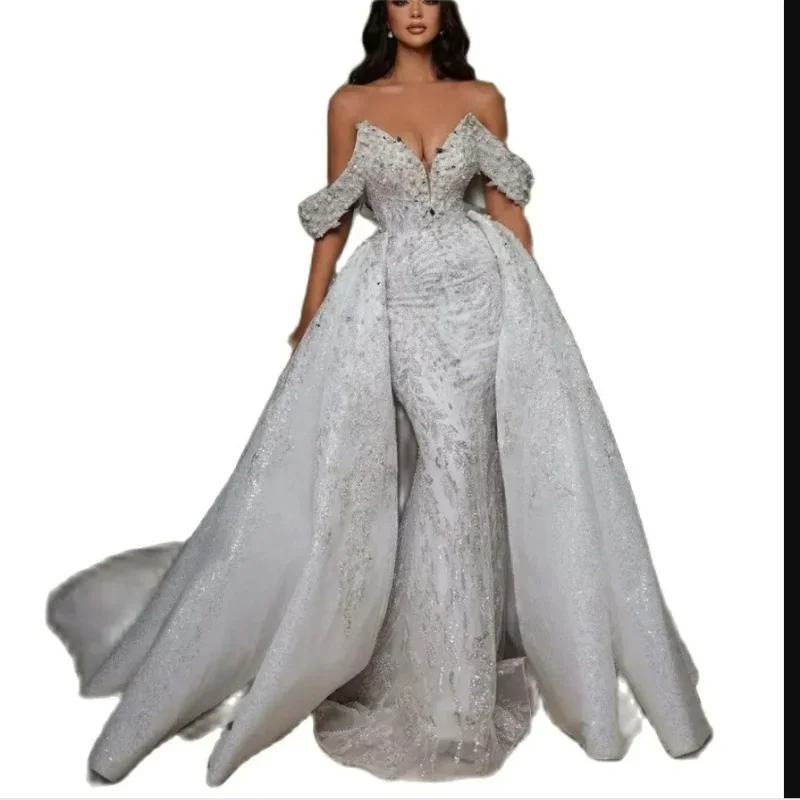 

Customized Off the Shoulder Spark Beads Sequin Wedding Dress with Detachable Train Vestidos De Novia Arabic Country Bridal Gown
