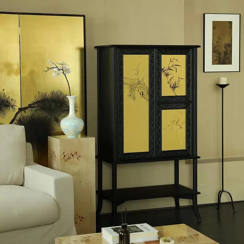 

French retro solid wood new Chinese engraved display storage cabinet Middle antique entrance high cabinet