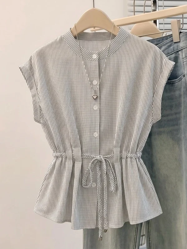 

Elegant Striped Short Sleeve Shirt Women's Summer 2026 New plus Size Drawstring Waist Slimming Top Korean Style Commute Wind
