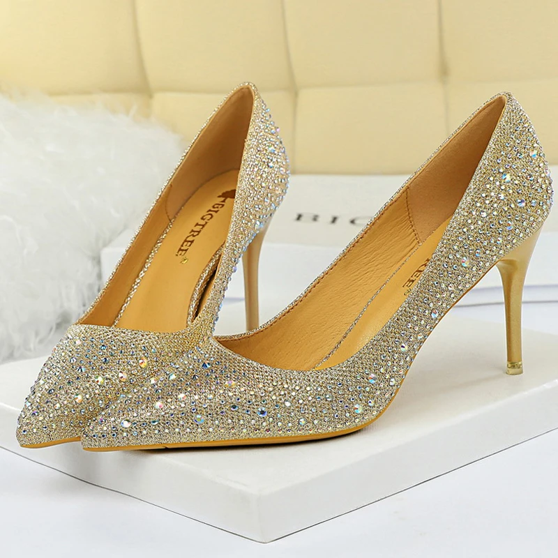 حجم كبير 43 النساء مضخات موضة أحذية الزفاف حجر الراين بريق العروس عالية الكعب خنجر 7 سنتيمتر 10 سنتيمتر الفاخرة مضخات أحذية الحفلات #6