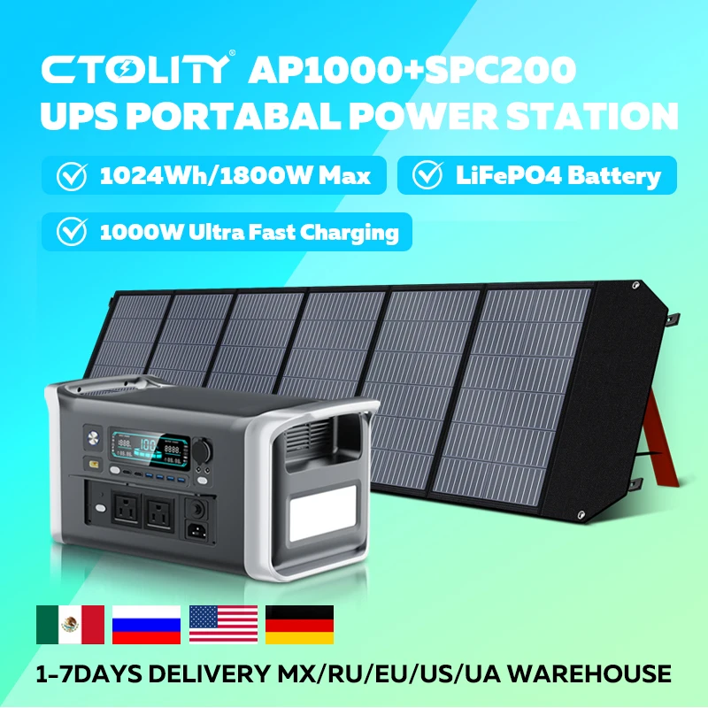 

CTOLITY AP1000 1800 Вт солнечный генератор 1024 Втч резервный LiFePo4 и солнечные панели 200 Вт 20,5 В портативная электростанция для зарядки на открытом воздухе RV