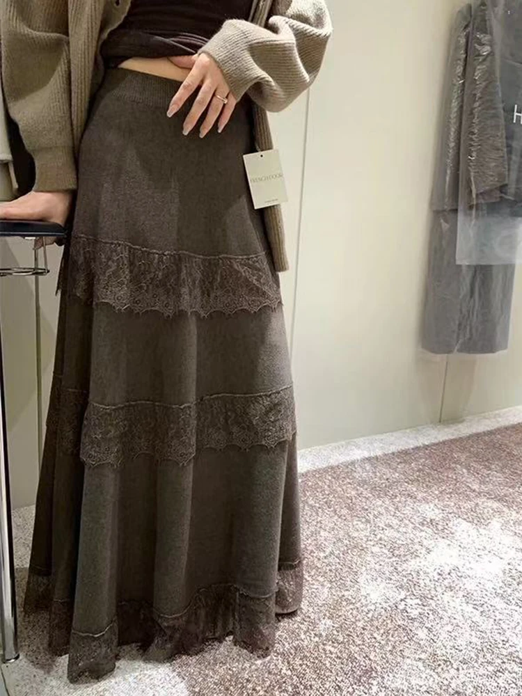 

Женские вязаные юбки миди с кружевными вставками, осенние, с высокой талией, свободного кроя, длинные, в корейском элегантном стиле Хепберн, А-силуэт