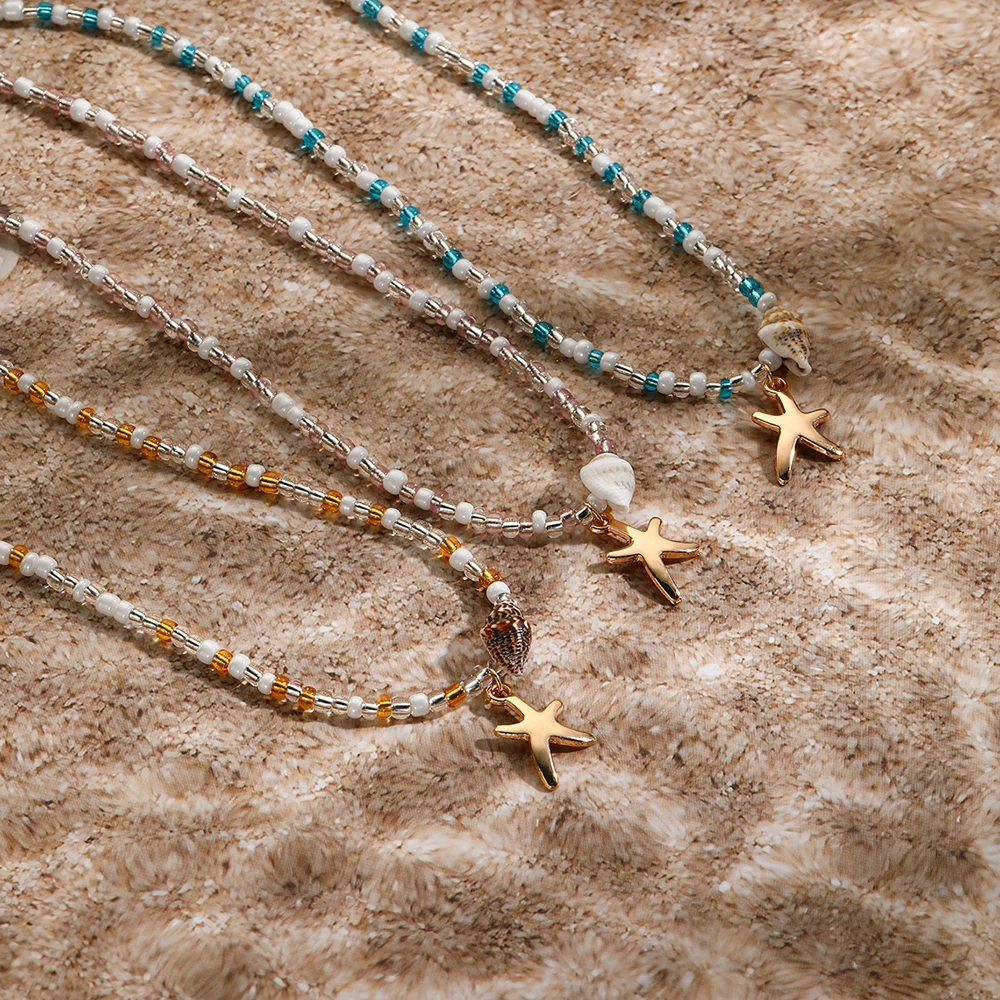 Hawaii Beach Starfish Beads Choker Necklace for Women Girls, Boho Seashell Starfish Ocean Necklace Summer Beach Choker Necklace