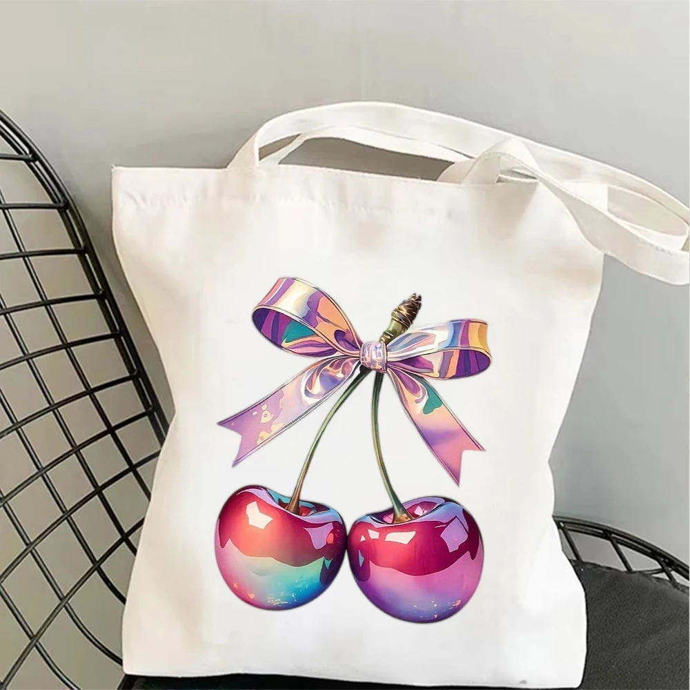 Vintage Pink Bow Cherry Art Canvas Tote Bag, Shoulder Bag with Glossy Finish, Perfect for Coquette Vibes & Everyday Errands
