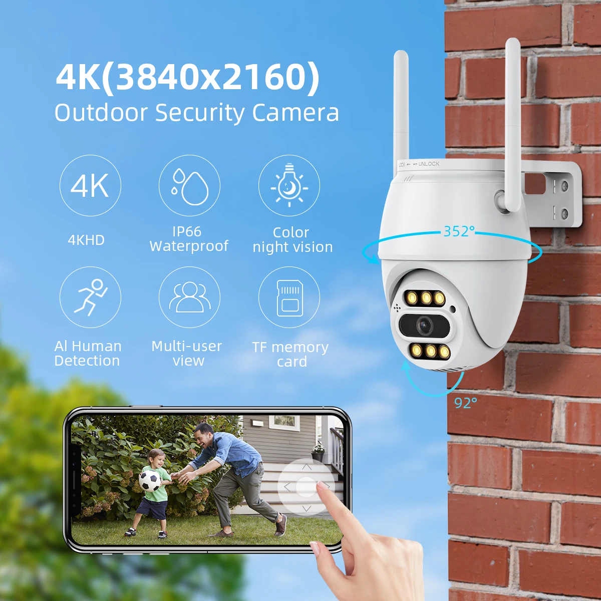 4MP WiFi PTZ Camera 2K AI Human Detection Home Color Night CCTV Security IP Cam Two Way Audio Outdoor Video Surveillance Camera