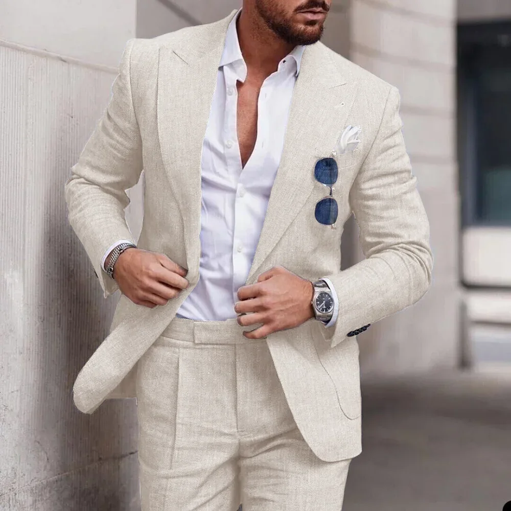 

Fashion beige Linen Suits for Men High Quality Peak Lapel One Button Male Suit Slim mens Casual Wedding Tuxedo 2 Pieces Costume