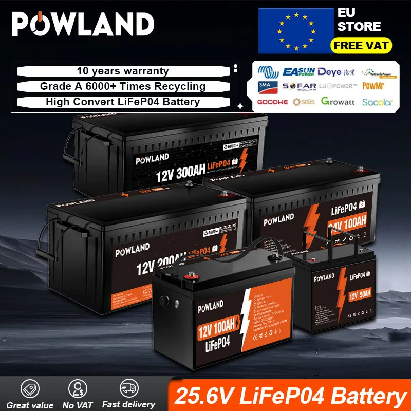 POWLAND 12V 200AH 24V 100AH LiFePO4 Lithium Battery Grade A+ 6000 Cycle Times with BMS for RV Golf Cart Solar VAT Free