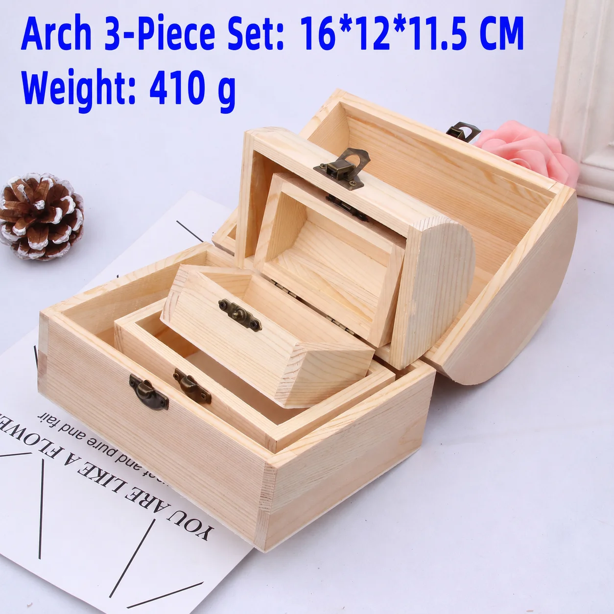 Pine Wood Storage Box Decorative Natural Wood Storage Bin Arched Storage Box Set Customizable Wooden Jewelry Organizer For Diy