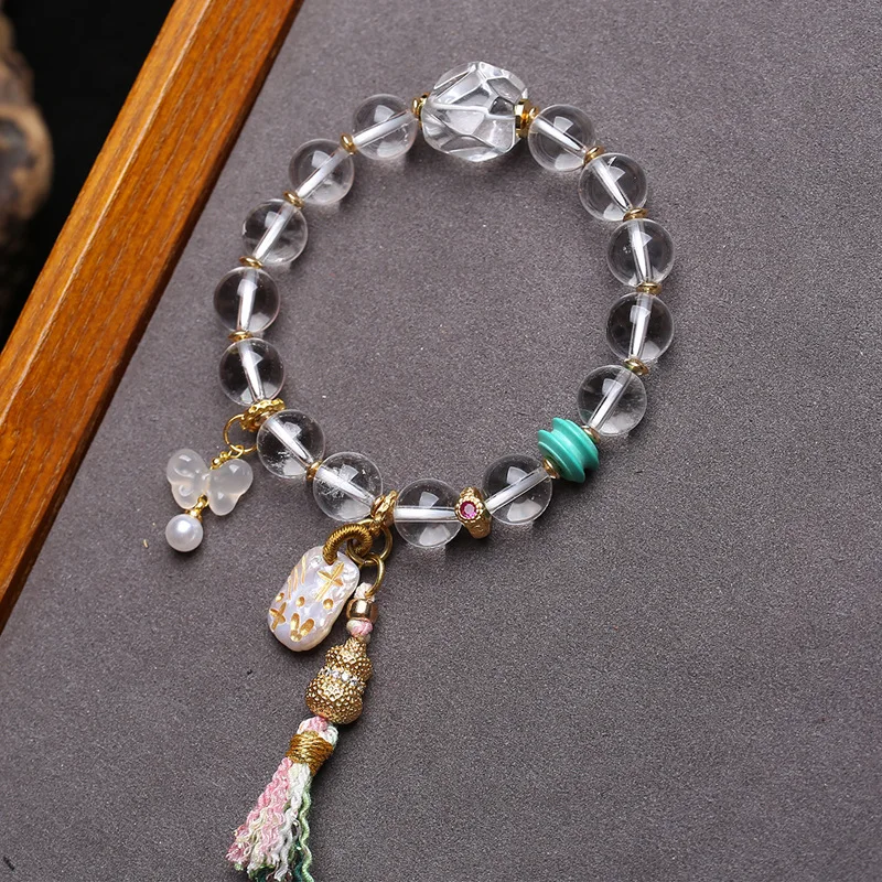 

Natural White Crystal Bracelet with Pearl Clasp, White Agate, Butterfly-shaped Hotan Jade Beads – Fashion Bracelet