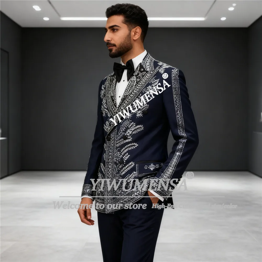 

Роскошные мужские костюмы с бриллиантами и бисером, комплекты из 2 предметов, двубортный пиджак, брюки, индивидуальные свадебные смокинги для жениха, облегающие Ropa Hombre