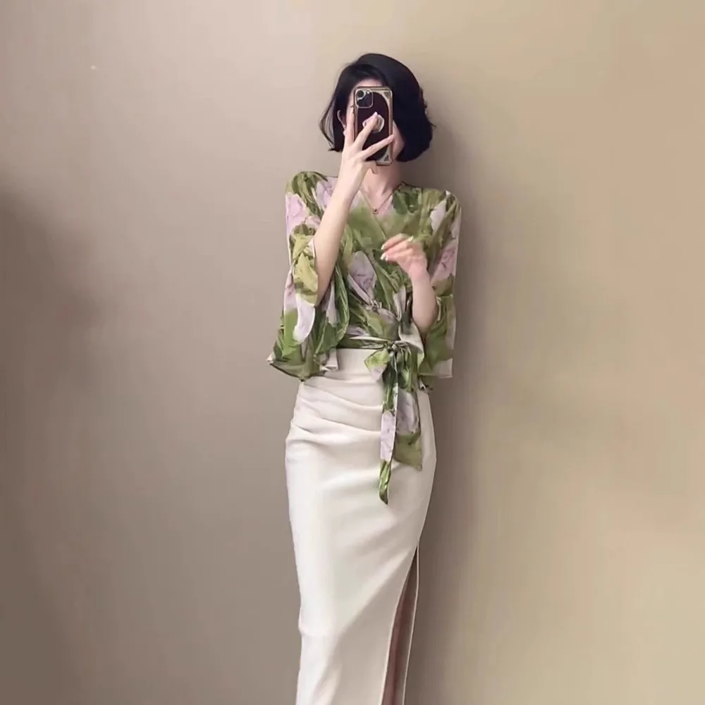 Elegant Professional Shirt Dress Set Two-Piece Suit Korean Style Spring Autumn Queenly Lady Fashion Sweet  Style