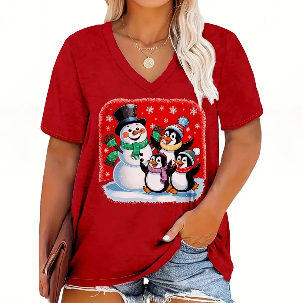 Christmas Women\'s T-Shirt Cartoon Print Street Fashion V-Neck Short-Sleeved Tee Festival Clothing Casual Female T Shirt Pullover