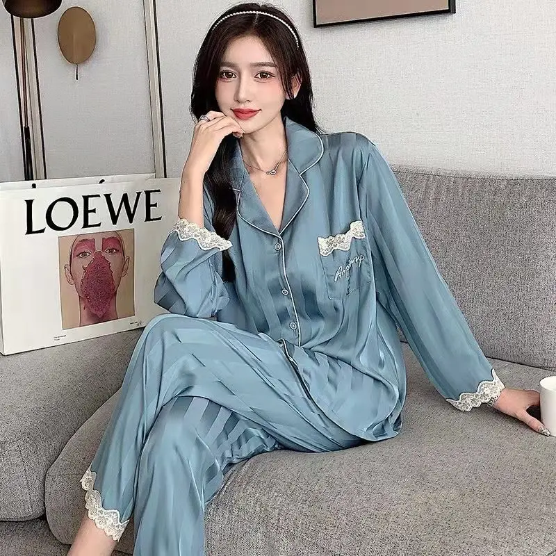 2022 Summer New Light Luxury Ice Silk Pajamas Women Clothing Long-sleeved Soft Loose Thin Homewear Suits FashionClothingBoutique