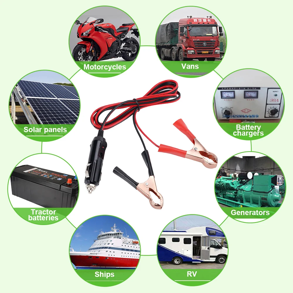 18AWG 1.5m Car Cigarette Lighter Socket Male Plug Adapter Power Cord Crocodile Clip Battery Extension Cord 15A Fuse LED Lights