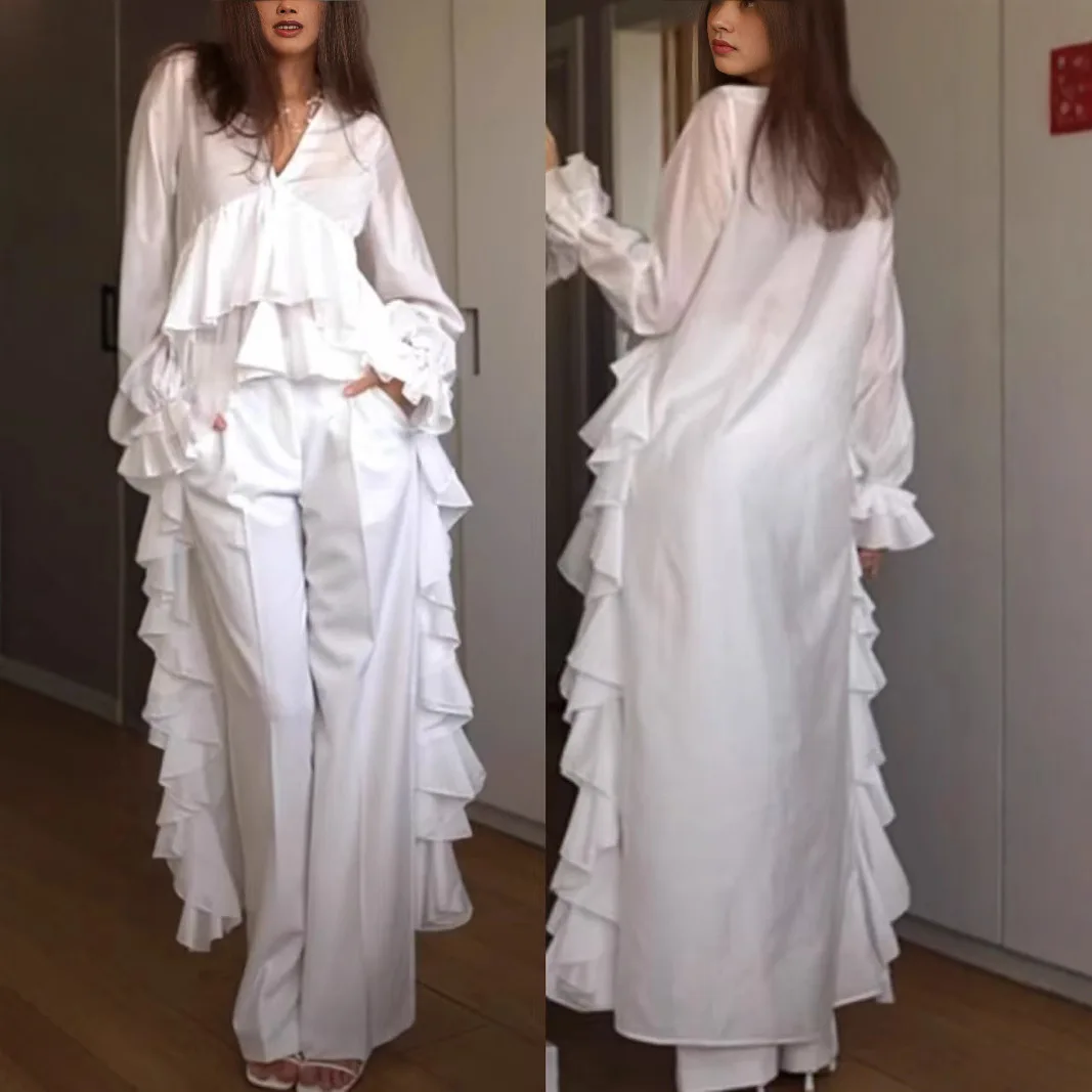 

2025 Spring and Summer New Women's Sweet and Fresh V-neck Long Sleeved Irregular Hem Shirt