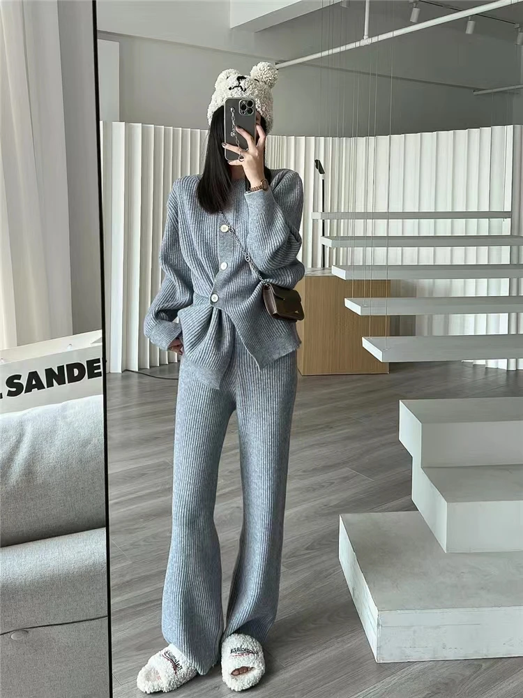 Women Sweater Winter 2 Piece Sets Elegnat Knitted Suits Female Sweaters Vintage Womens Pants High Waist Autumn Vintage Vestidos