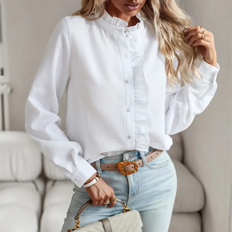 

Women's Long-sleeved Shirts 2026 New Collection Autumn Winter Casual Fashion Loose O-neck Ruffles Buttons Solid Color Ropa Mujer