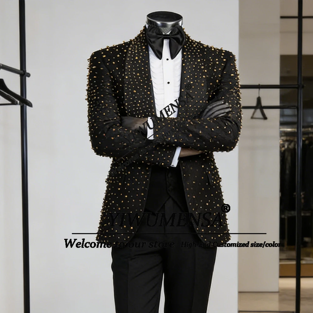 

Brilliant Pearls Beading Suits Men For Wedding 3 Piece Male Fashion Tuxedos Customized Groom Formal Party Attire Ropa Hombre