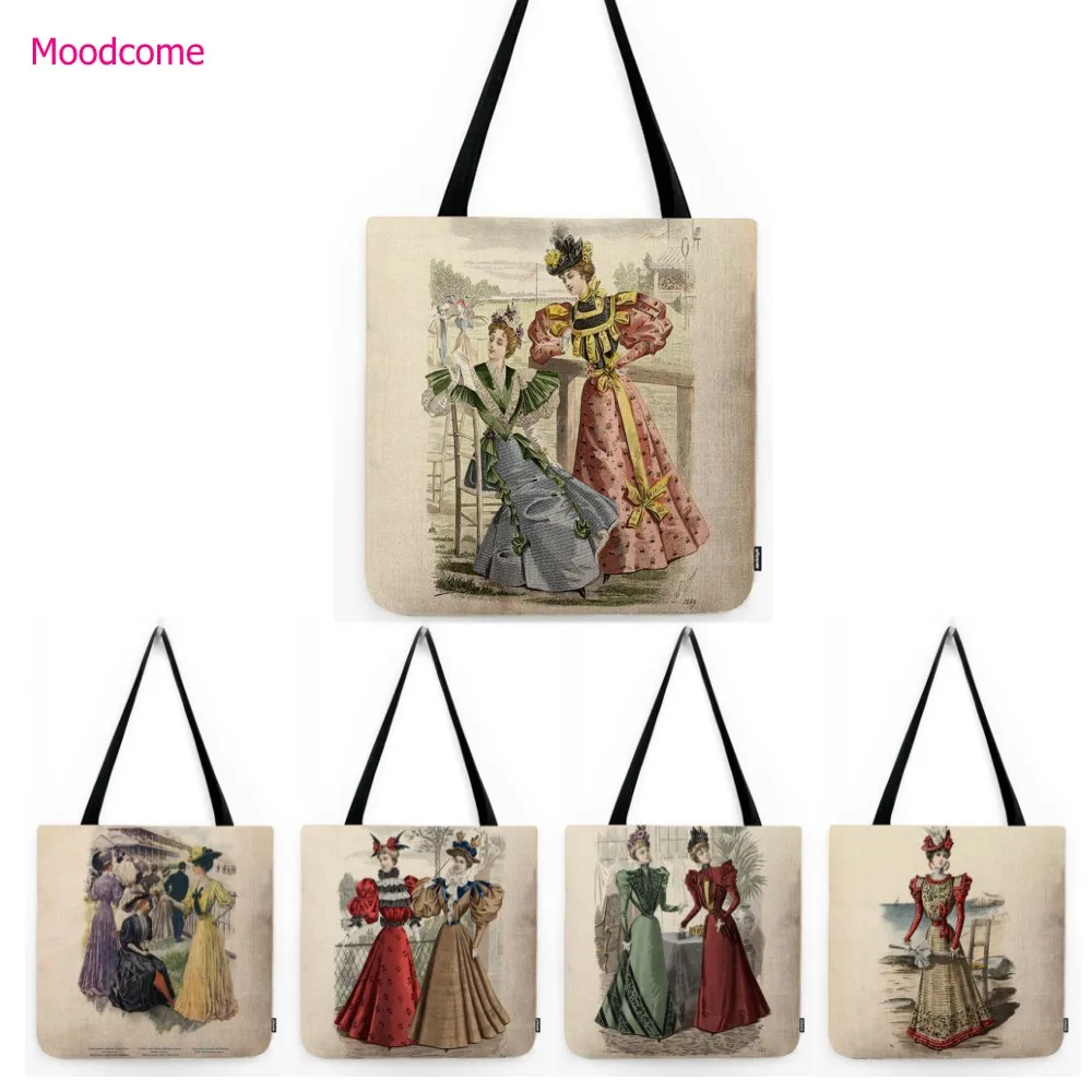 19th Century Fashion Magazine Cover Elegant Lady Dress Design Water Resistant Linen Folding Grocery Shopper Tote Bag  Handbag