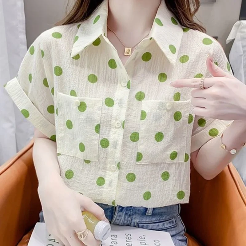 Korean Fashion Summer Women's Collar Polka Dot Pockets Simplicity Versatile Single Breasted Short Sleeve Chiffon Shirt Tops