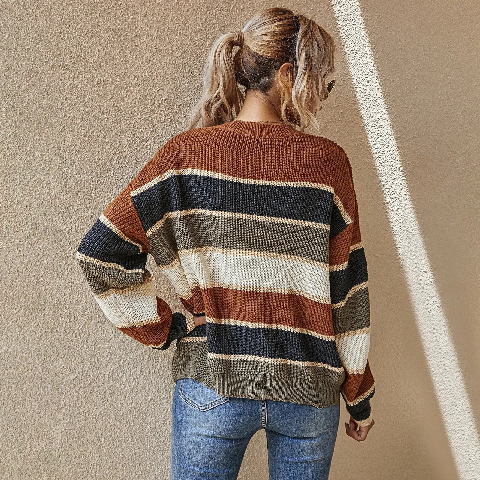 Damski sweter z okrągłym dekoltem, luźny, klasyczny, w paski, z długim rękawem, topy damskie, sweter damski.
