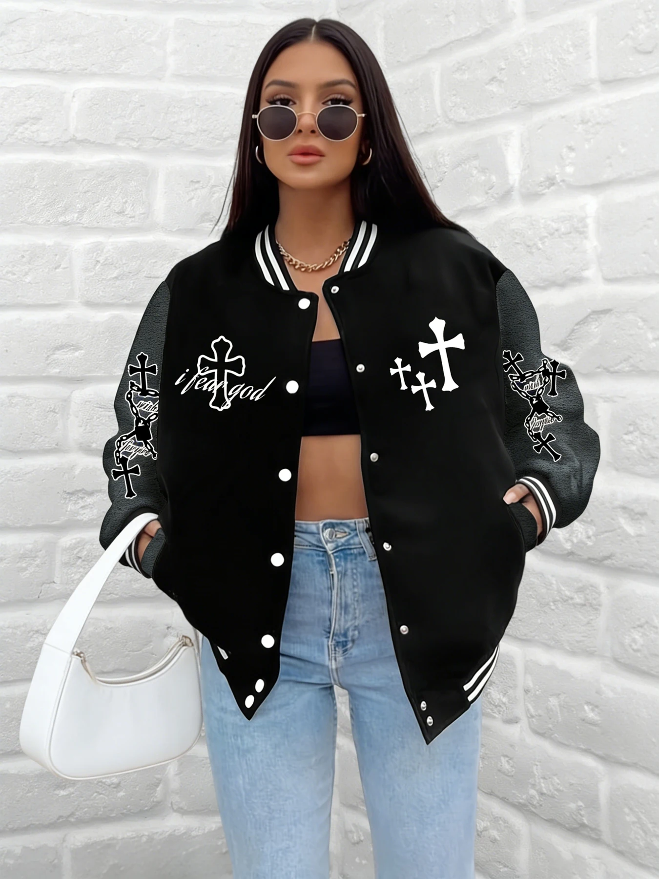 

Женская бейсбольная куртка I Fear God Quote с крестообразным узором, университетское пальто, свободная верхняя одежда, повседневная уличная мода, повседневная одежда