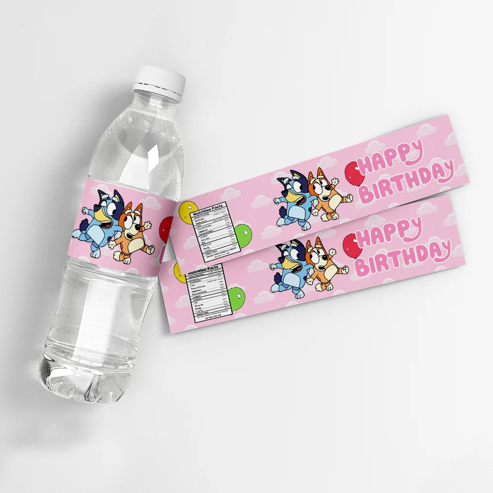 Pink Bluey Water Bottle Labels for Bingo Family Party Supplies Toys Birthday Decoration Stickers for Boys Girls Baby Shower