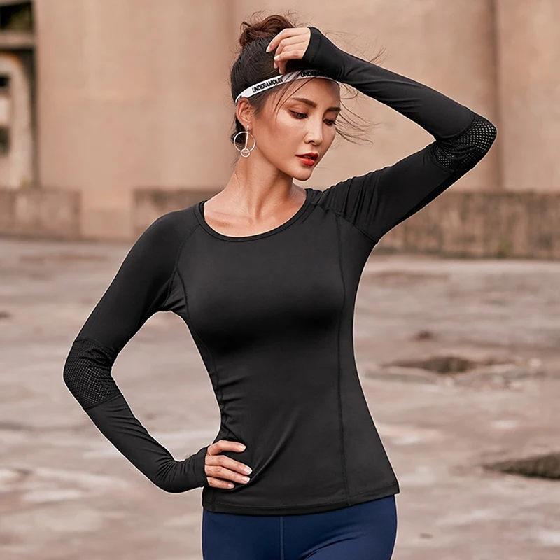 Camisas de Yoga de manga larga para mujer, Tops cortos, camisa de Yoga de malla transpirable Sexy, camisas adelgazantes para correr, camisa de gimnasio, entrenamiento, Top deportivo para gimnasio