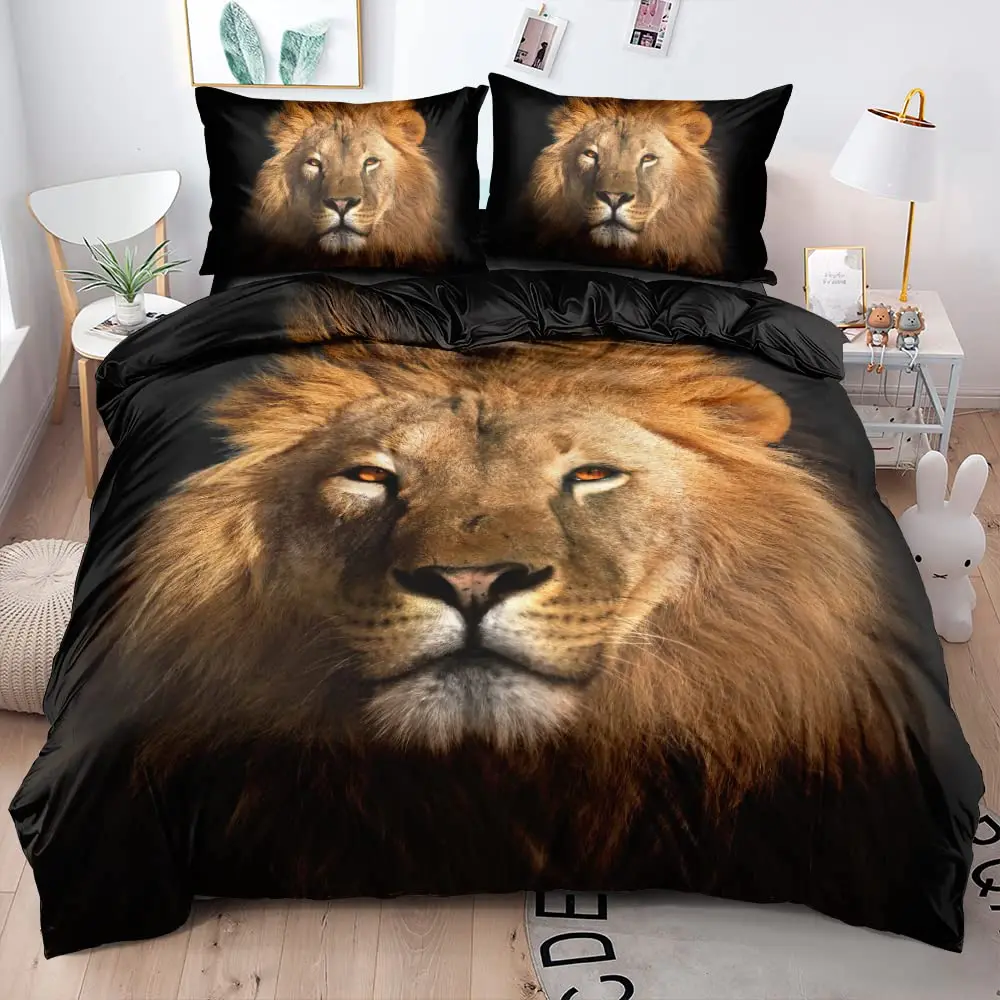 Lion Duvet Quilt Cover Sets Wild Animal Bedding Sets Pillow Shams King Queen Twin Full Size Boys Kids Girl Bedroom Decor 3PCS