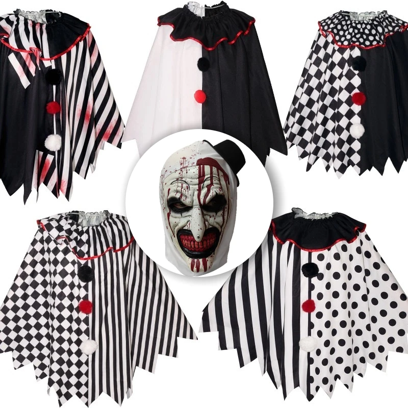 

Halloween Scary Clown Cloak Black White Witch Shawl Devil Costume with Terrible Mask Role Play Outfit Full Set for Women Men