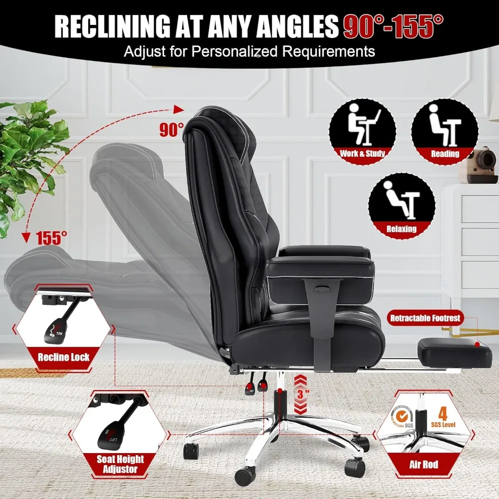 Большое и высокое офисное кресло, кожаное офисное кресло с подставкой для ног для тяжелых людей, широкая эргономичная удобная высокая спинка