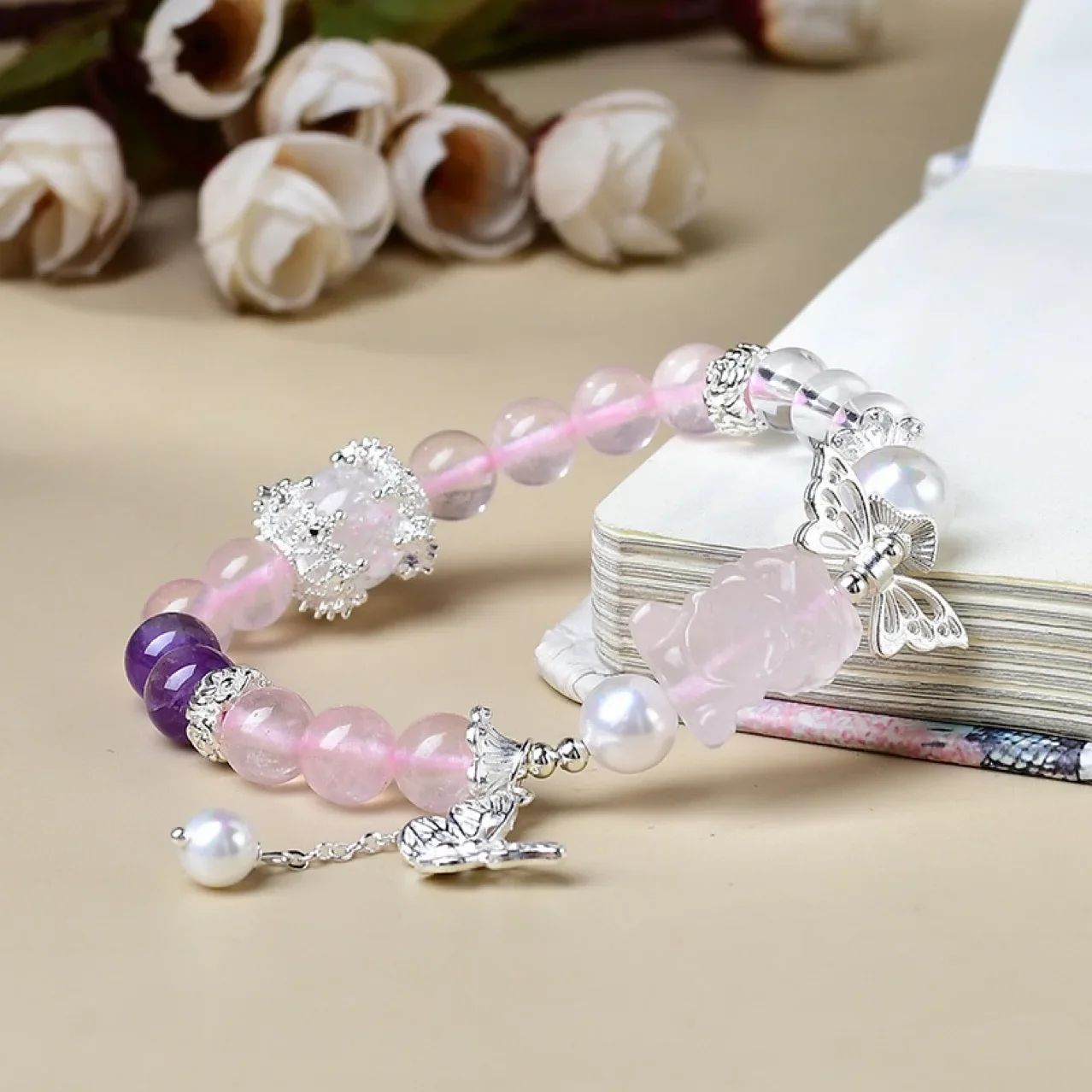 

Natural Pink Crystal Gold-swallowing Beast Amethyst Bracelet Women's Light Luxury Fashion Lucky Bracelet, Gift