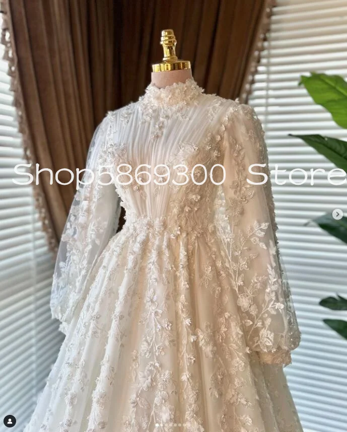 Bohemian Balloon Sleeves Muslim Wedding Dresses High Neck 3D Floral Embroidery Lace-up Middle East Bridal Gown Customsize Outfit