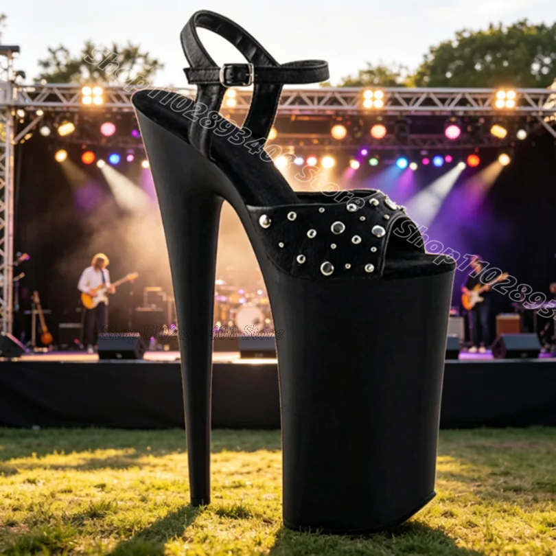 Black Rivet Decor Platform Sandals Stiletto Leather Open Toe Ankle Buckle Summer Women Dancing Sexy Sandals Zapatos Para Mujere