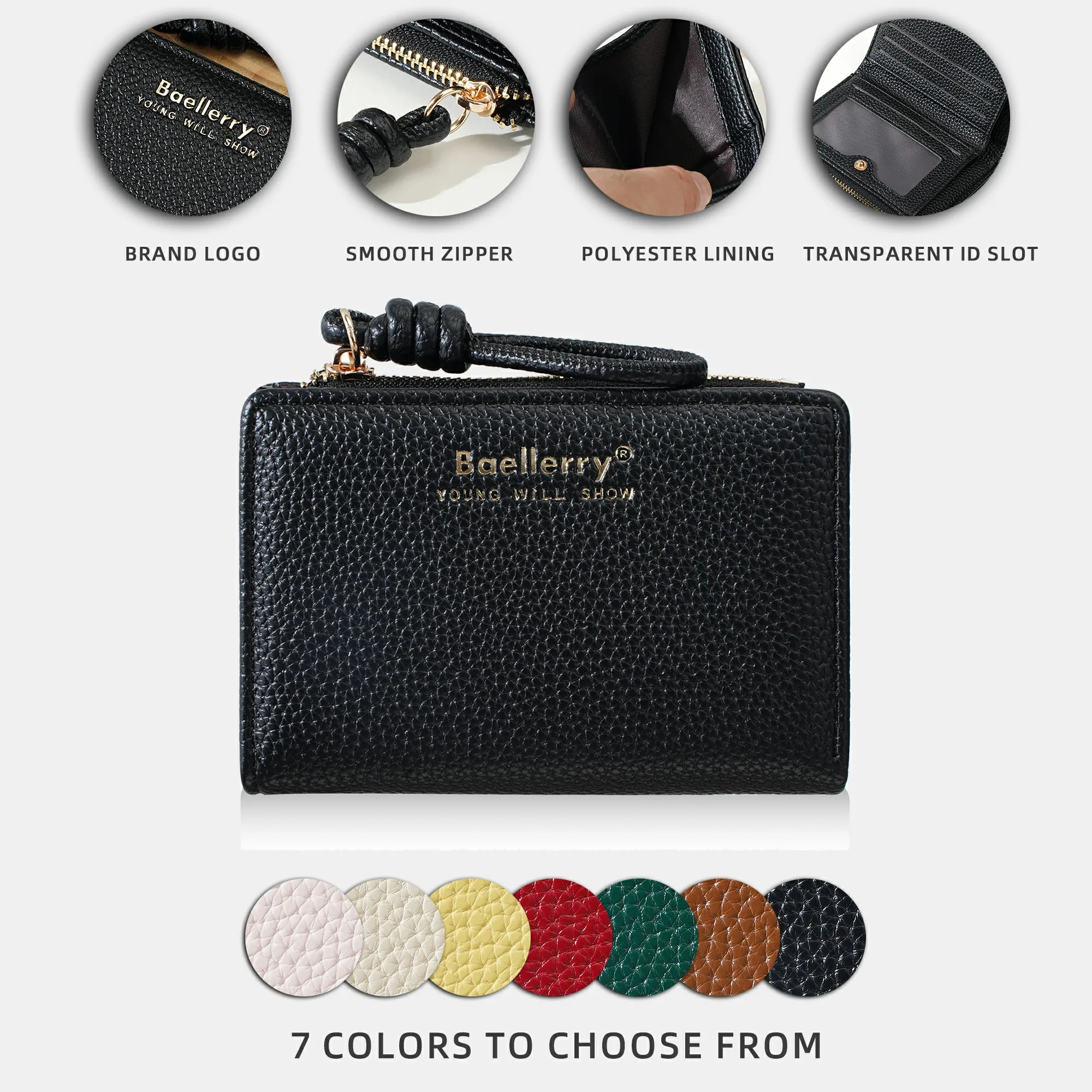 1 Stück – Baellerry Damen-Kurzgeldbörse, aus PU-Leder mit Handgelenkschlaufe, lässige Geldbörse mit Lychee-Muster, leicht, elegant, minimalistischer Stil, Alltagsgeldbörse – Detail 5