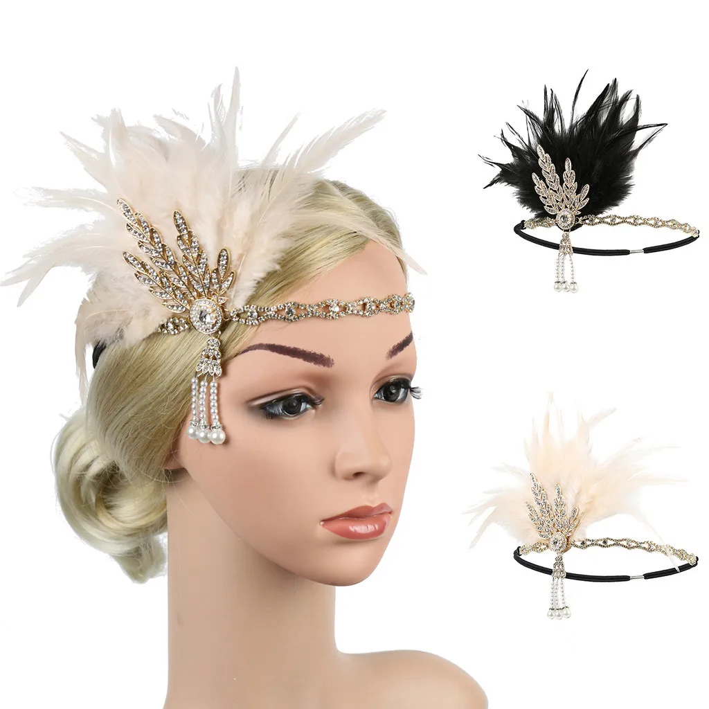 Women Headpiece Feather Flapper Headband Shiny Great Gatsby Headdress Vintage Halloween Prom Fashion Getsbi Hair Accessories