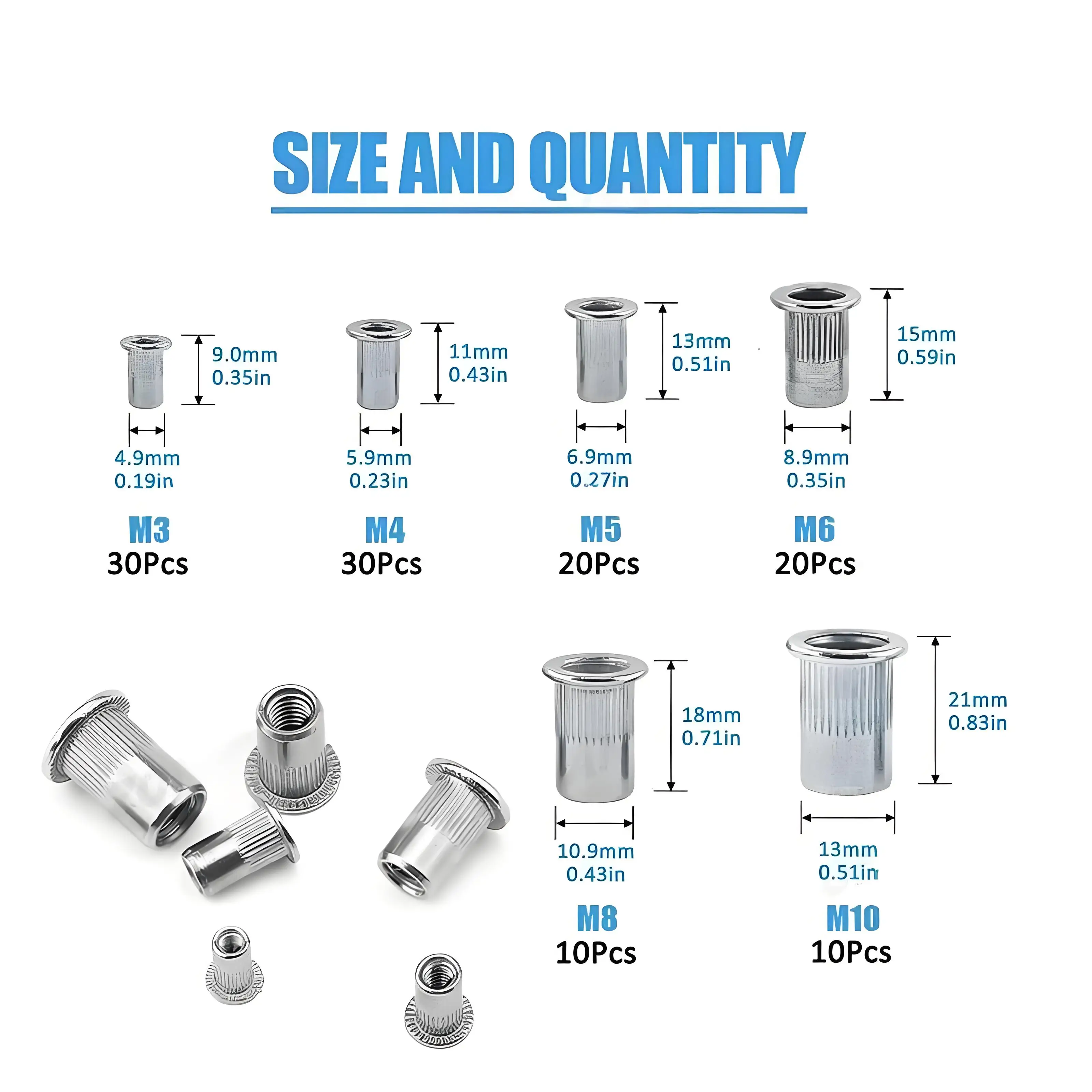 120 pz set Misto 304 dado rivetto in acciaio inossidabile M3 M4 M5 M6 M8 M10 Dado in acciaio al carbonio a testa piatta filettato Kit dado inserto