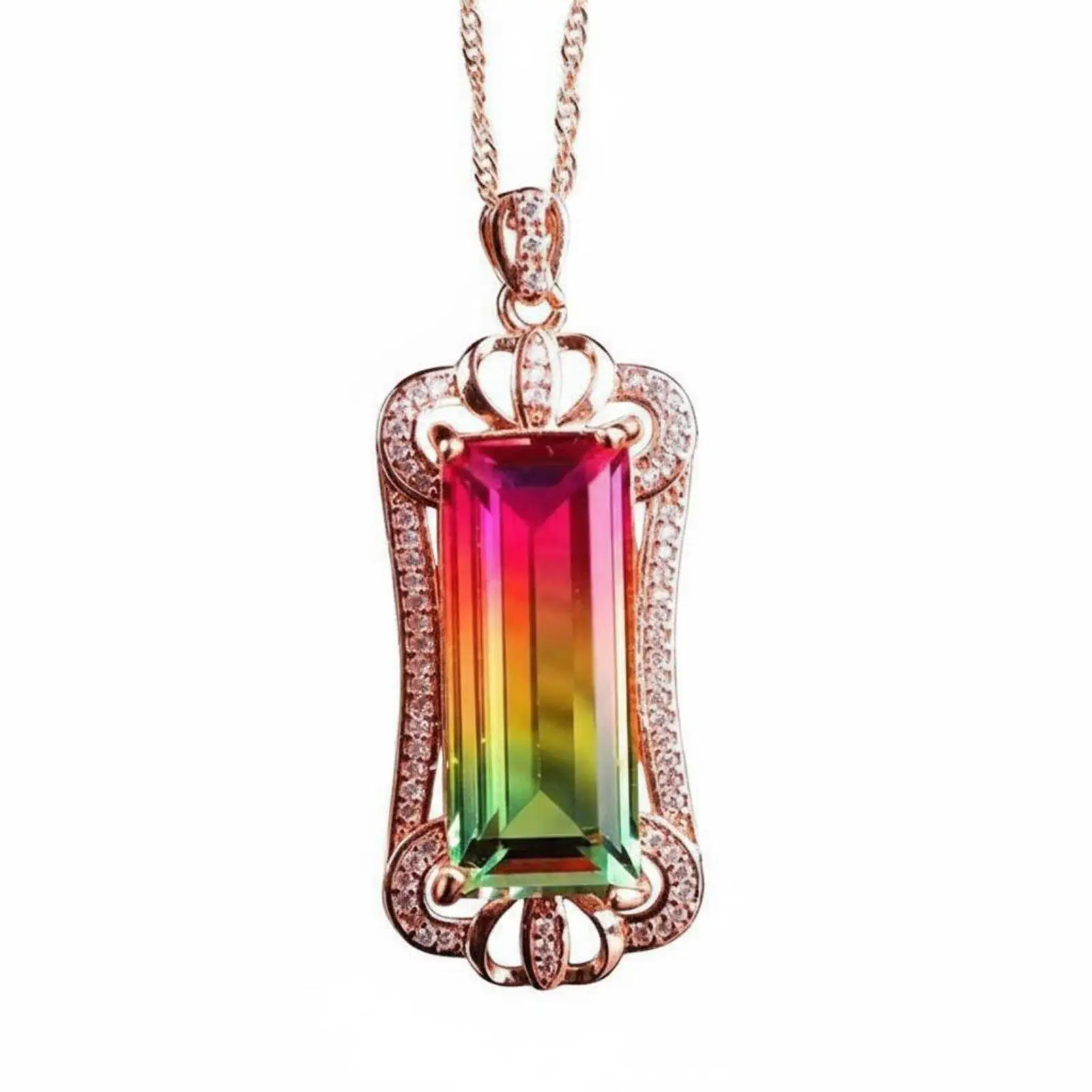 Watermelon Tourmaline Pendant Necklace Rose Gold Plated Copper Jewelry Dainty Gemstone Gift for Women