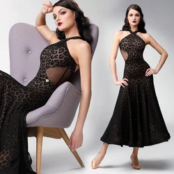 Halter Leopard Latin Dance Dress Women Party Waltz Ballroom Dance Competition Dresses Stage Dancing Dress Practice Wear SL8567